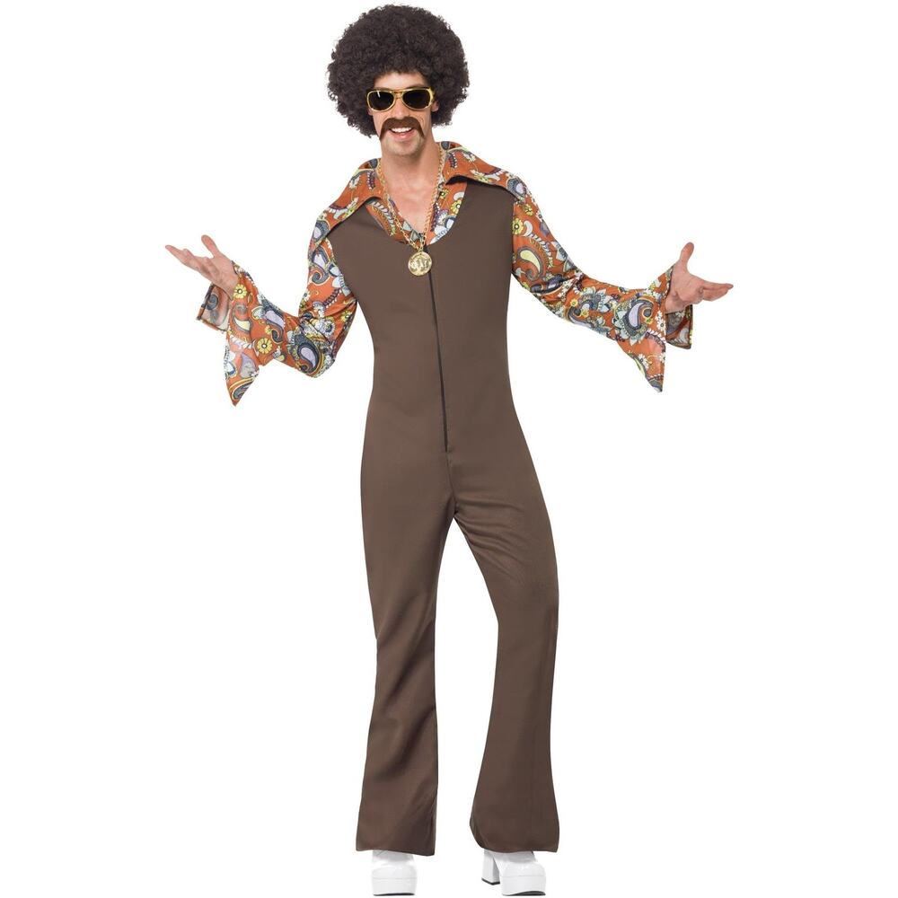 Smiffys Mens Disco Costume Jumpsuit Groovy Boogie 70s L Brown Multicolor Paisley